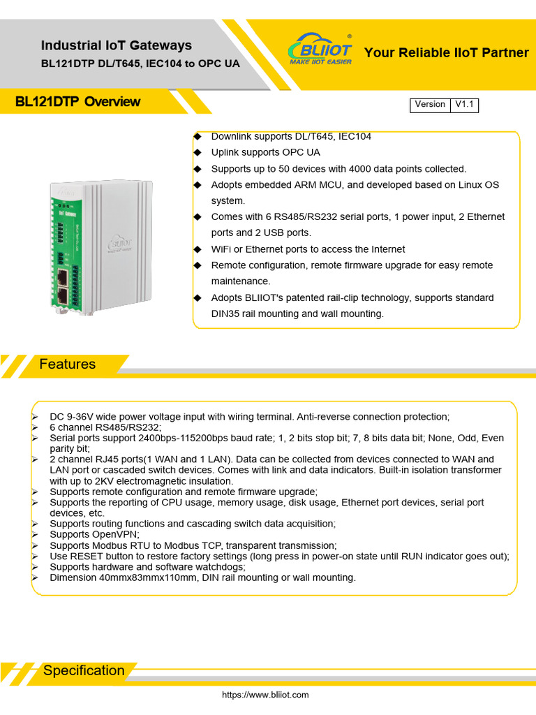 BLIIoT BL121DTP DLT645 IEC104 To OPC UA Converter | PDF | Wi Fi | Usb