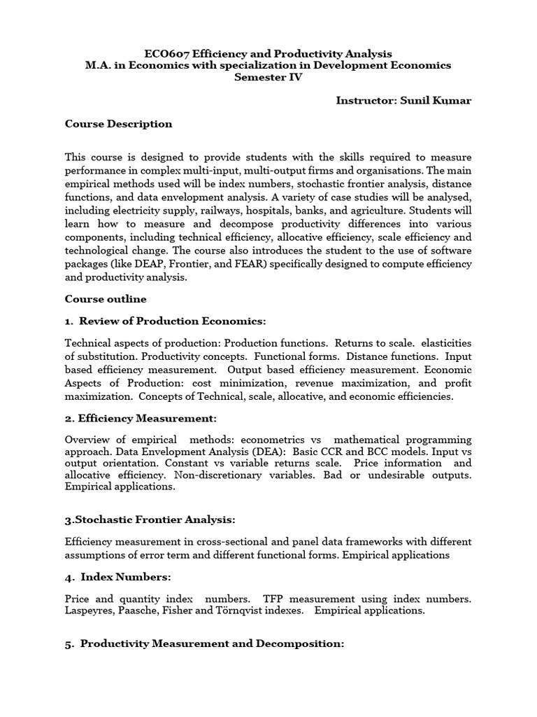 Efficiency and Productivity Analysis Course | PDF | Economics | Economies