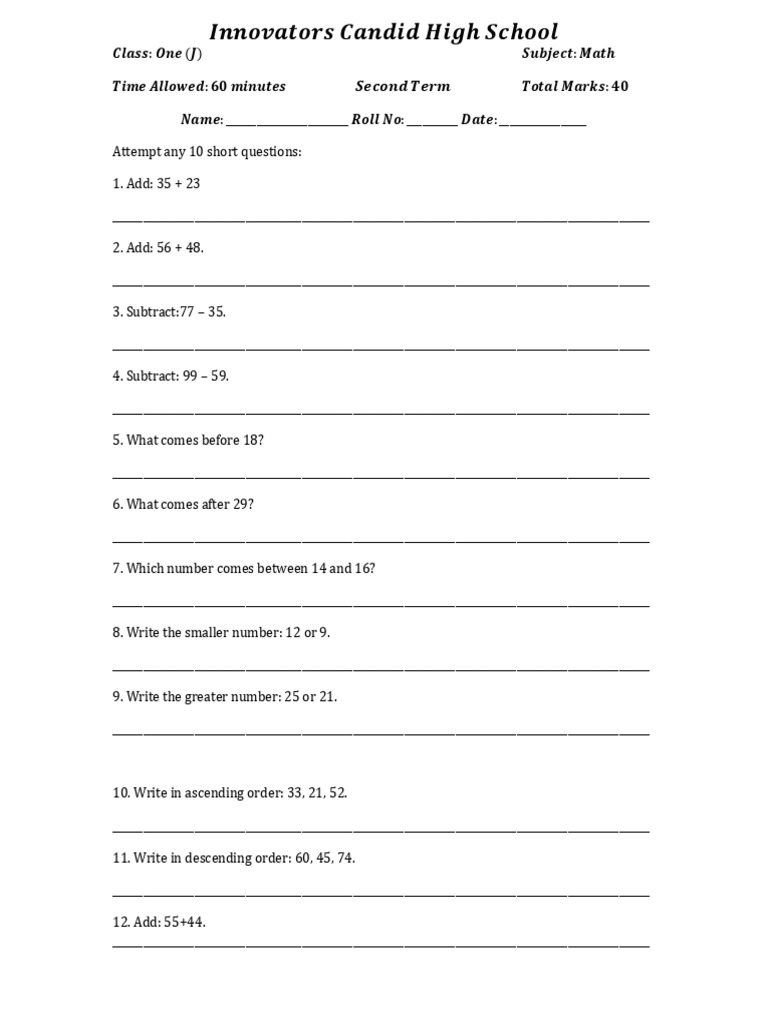 Class One Jinah Math Subj | PDF