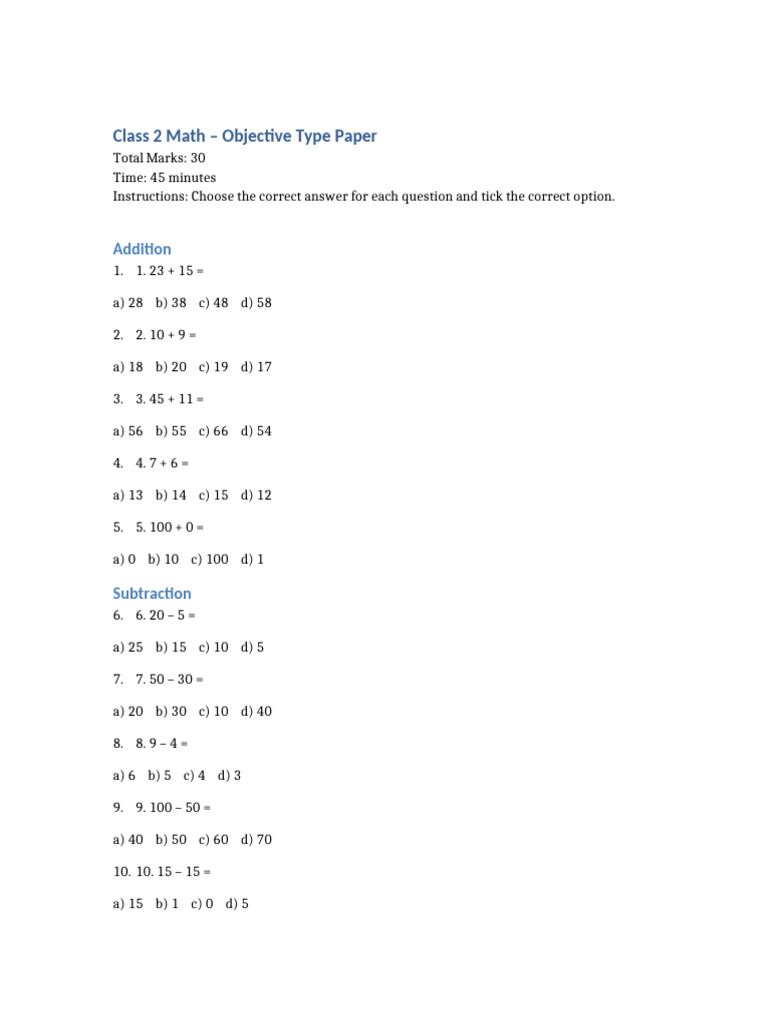 Class 2 Maths MCQ Questions | PDF
