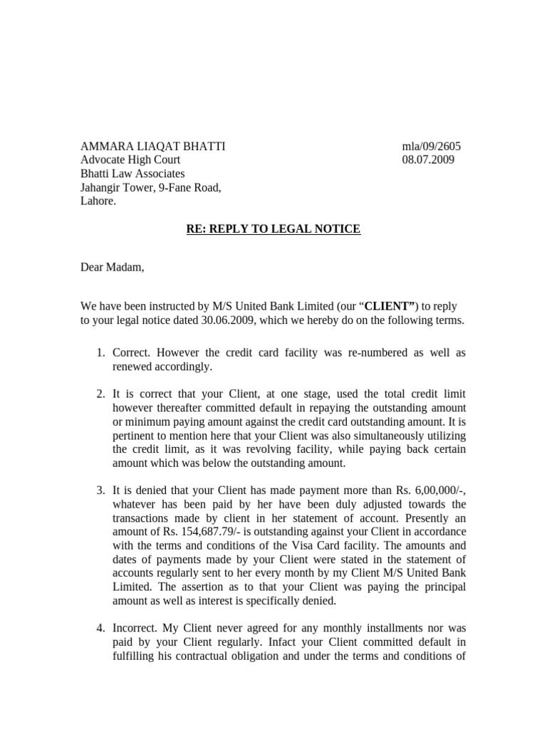 Aamara Liaqat Bhatti Reply Legal Notice | PDF | Payments | Credit Card