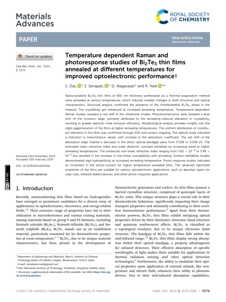 Bi2Te3 Thin Films: Raman & Photoresponse Analysis | PDF | Thin Film ...