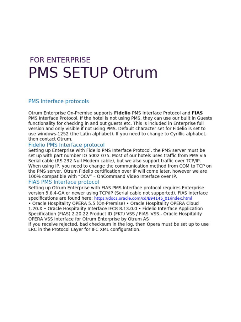Fidelio PMS Setup for Otrum Enterprise | PDF | Transmission Control ...