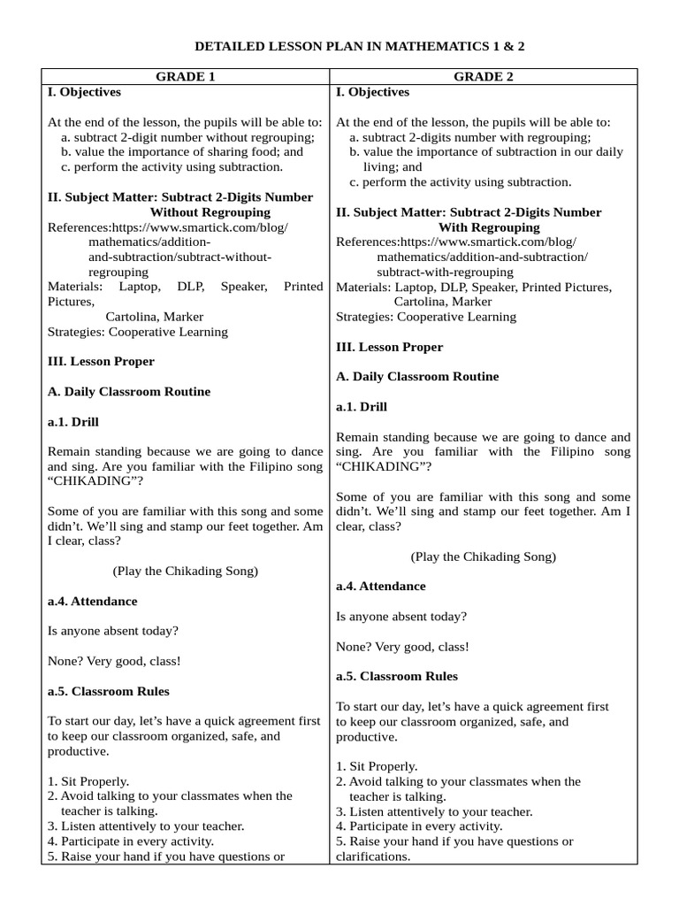 Grade 1 & 2 Subtraction Lesson Plan | PDF | Subtraction | Elementary ...