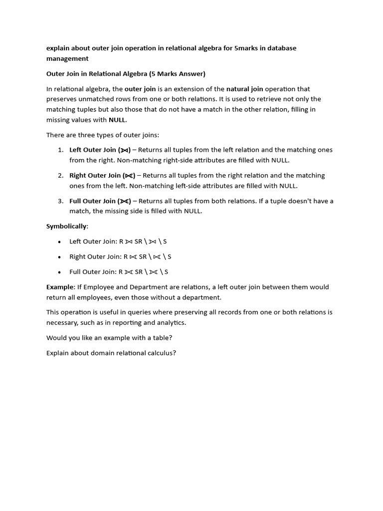 Explain About Outer Join Operation in Relational Algebra For 5marks in ...