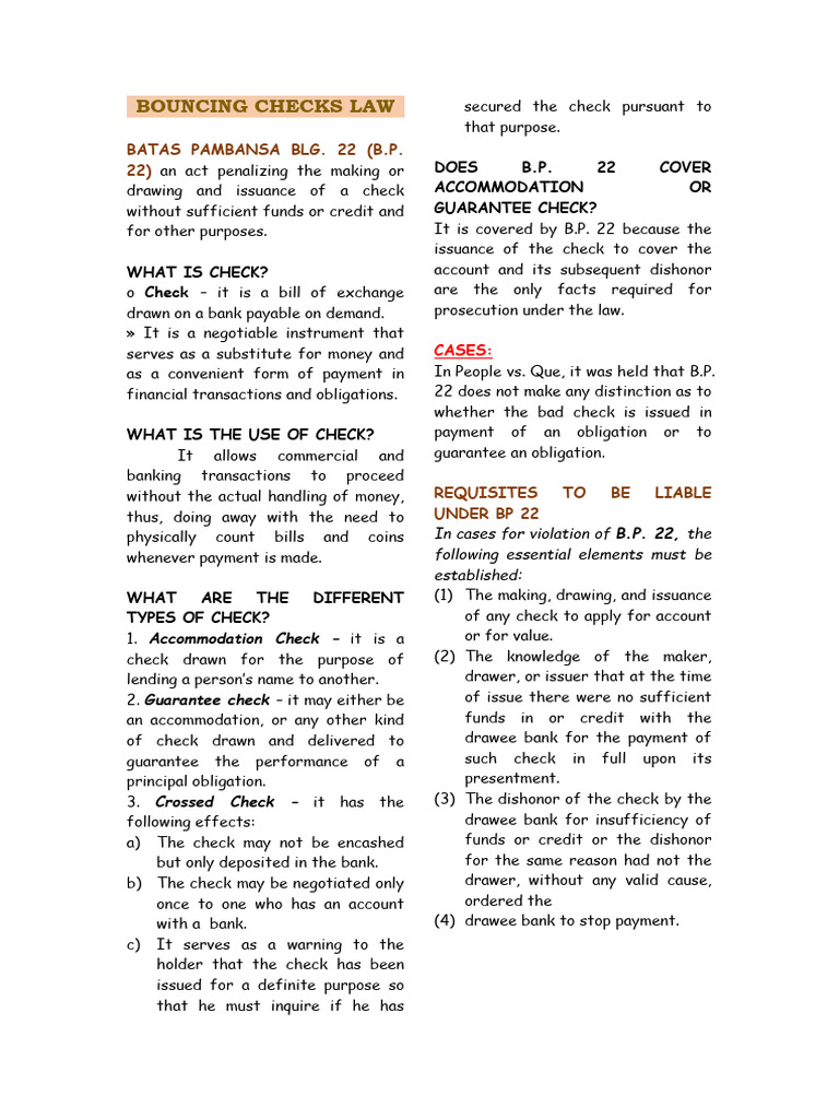 Bouncing Checks Law Overview | PDF | Cheque | Negotiable Instrument