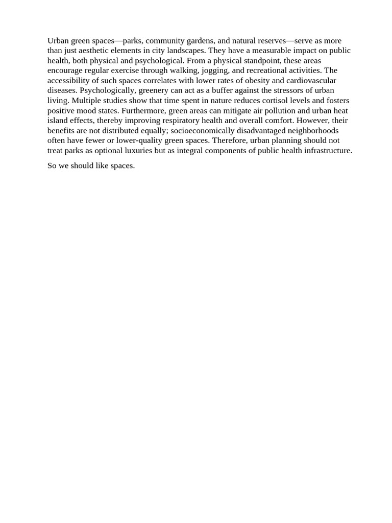 Benefits of Urban Green Spaces | PDF