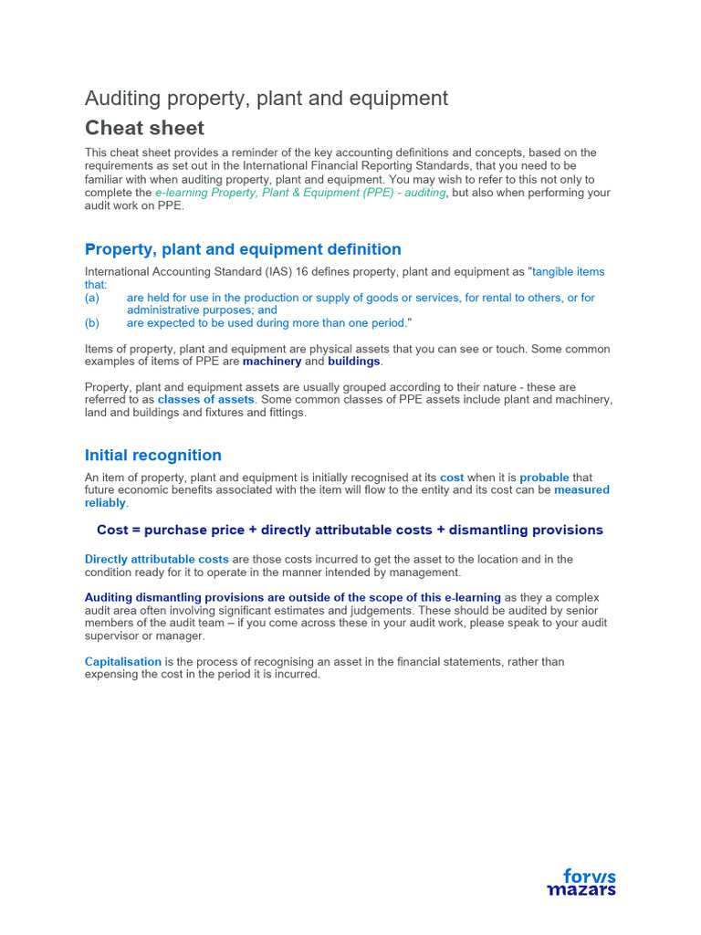 PPE Auditing Cheat Sheet | PDF | Depreciation | Fixed Asset
