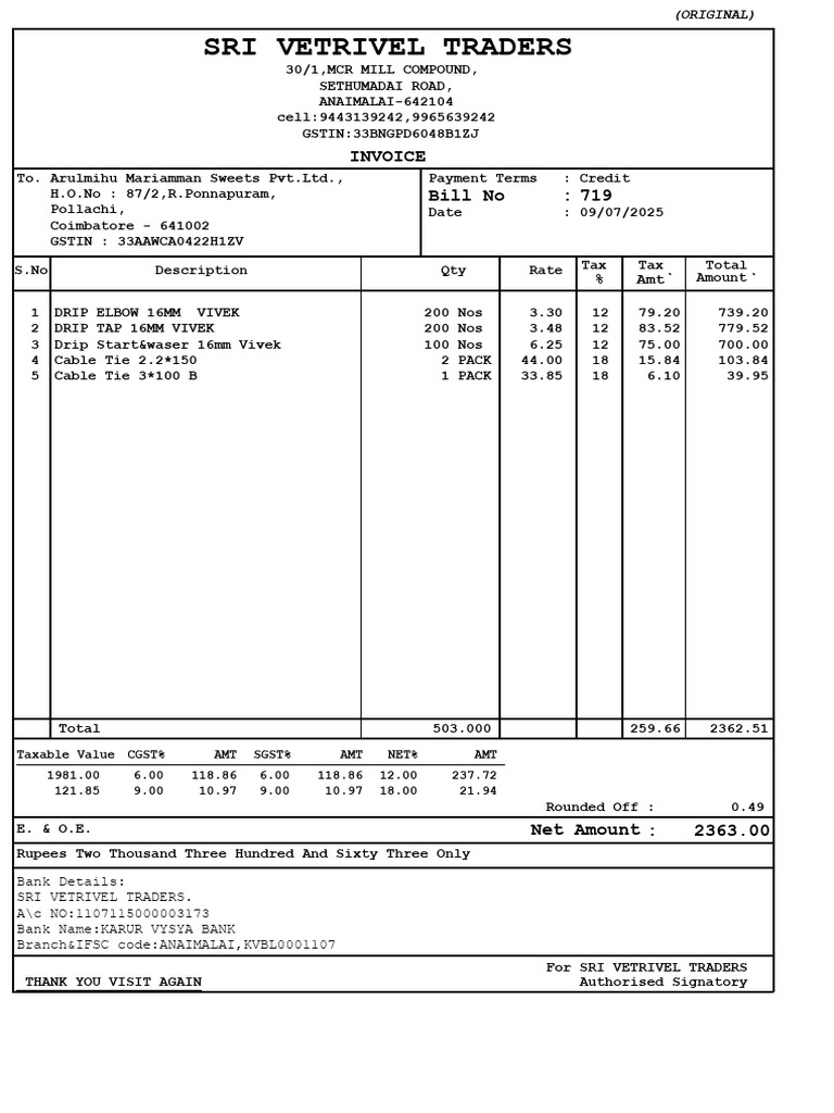 Sri Vetrivel Traders: Invoice Bill No: 719 | PDF