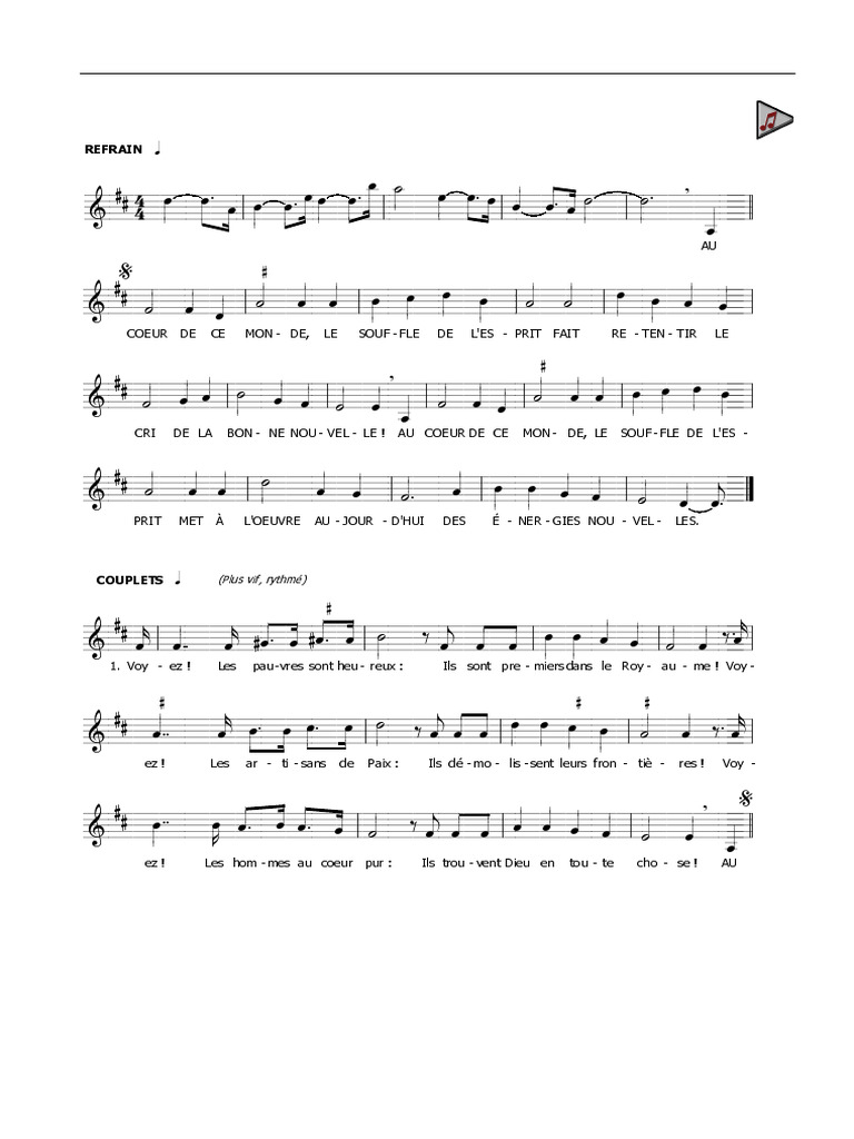 Au cœur de ce monde Paroles PDF — free download