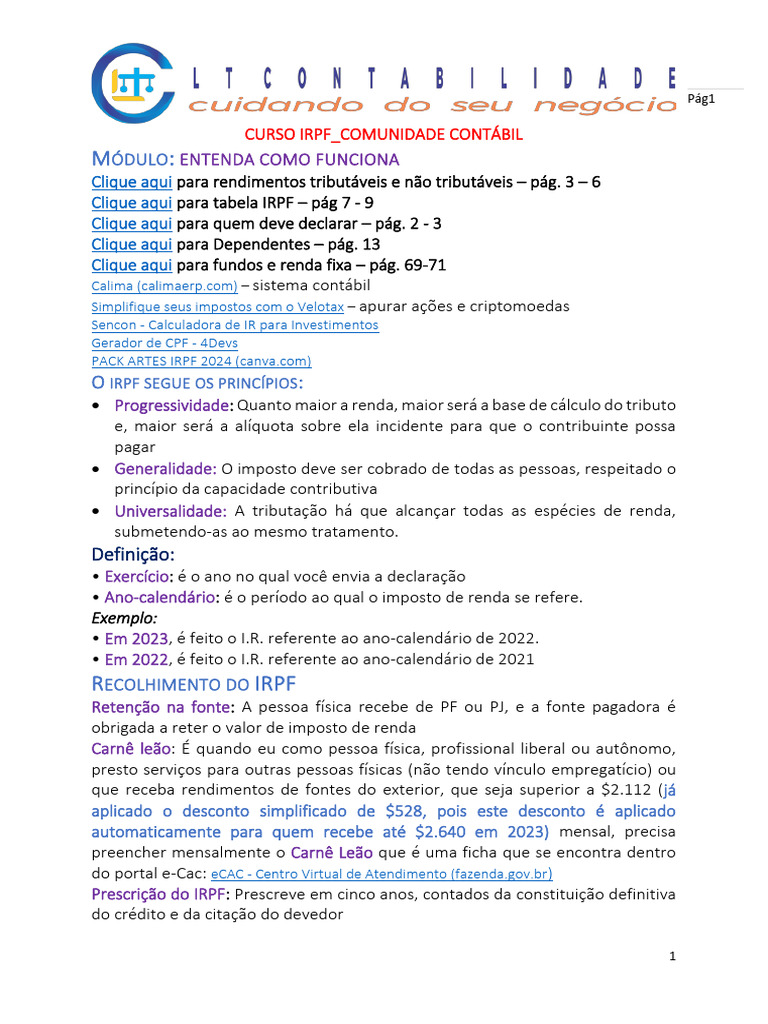 Guia Completo sobre Declaração IRPF 2024 | PDF | Imposto de Renda ...