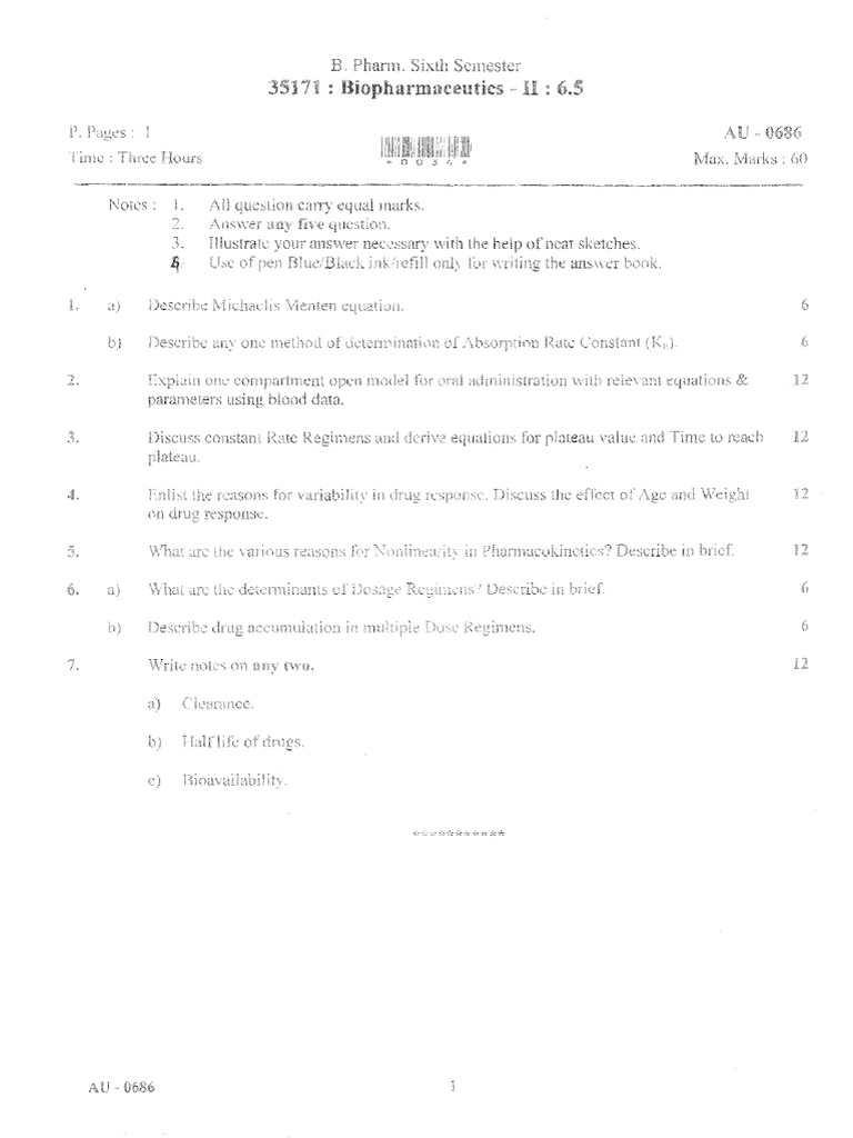 Bpharm 6 Sem Biopharmaceutics 2 Summer 2018 | PDF