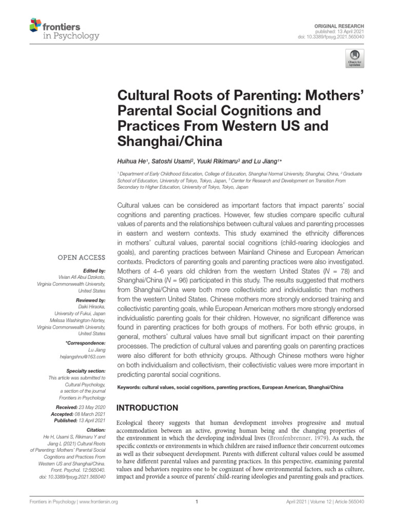 Cultural Roots of Parenting Mothers' Parental Social Cognitions and ...