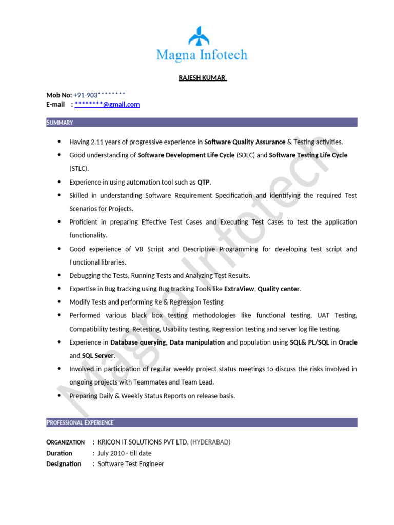 Software Test Engineer Resume | PDF | Software Testing | Software ...