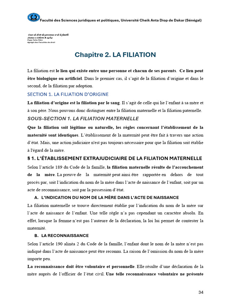 Filiation : Droit des personnes au Sénégal | PDF | Filiation légitime ...