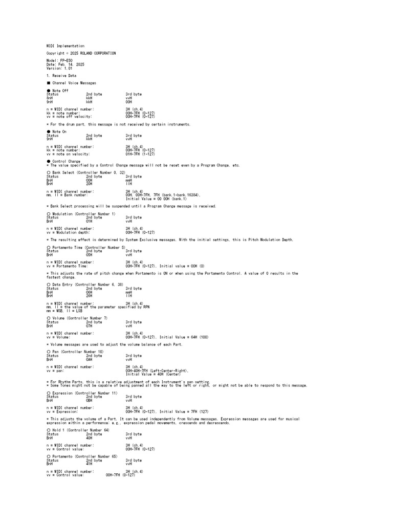 MIDI Implementation Guide for FP-E50 | PDF | Cent (Music) | Percussion ...