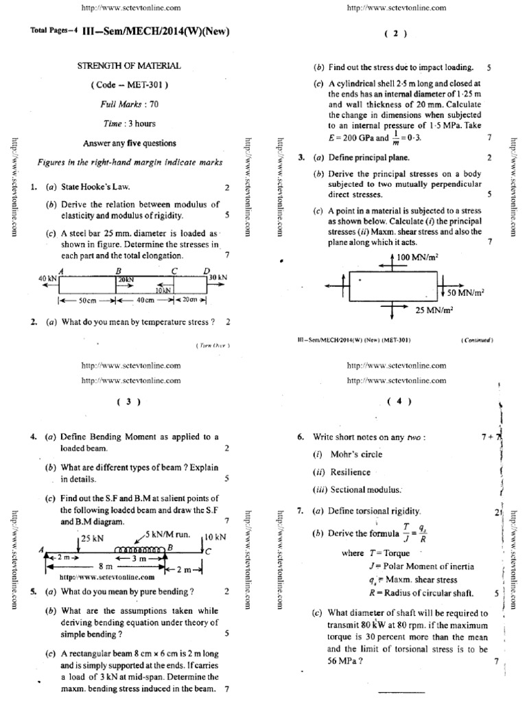 Mech 3 Sem Strength of Material Met 301 W 2014 | PDF
