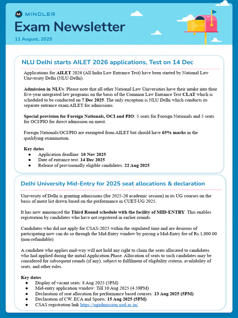 Mindler Exam Newsletter 11th August, 2025 | PDF | Educational Stages ...
