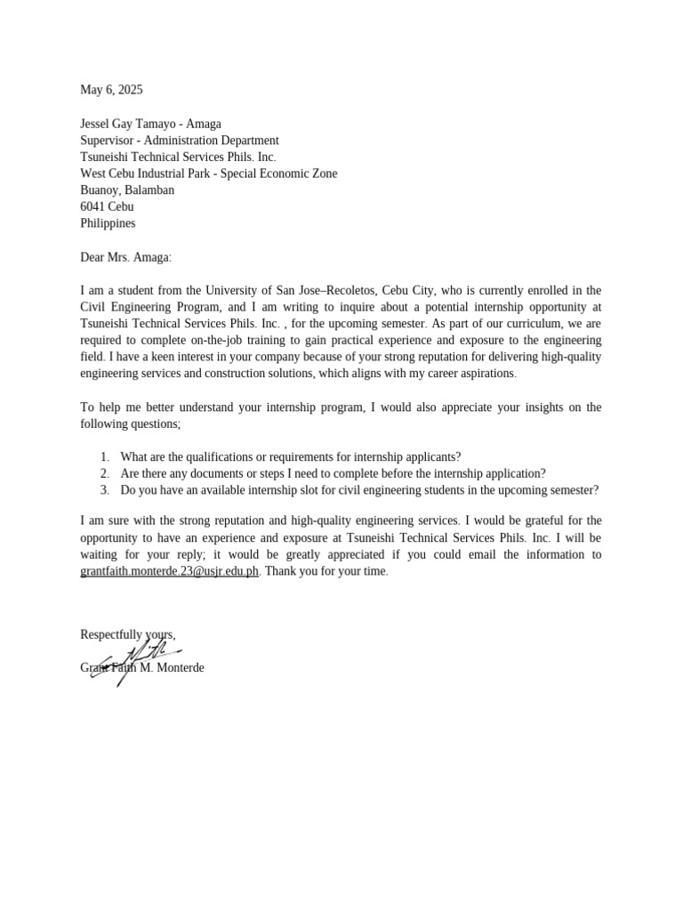 Internship Inquiry for Civil Engineering | PDF
