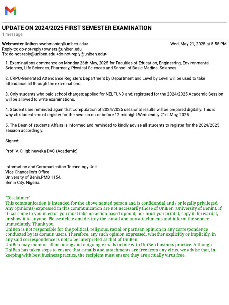 Update On 2024 - 2025 First Semester Examination | PDF