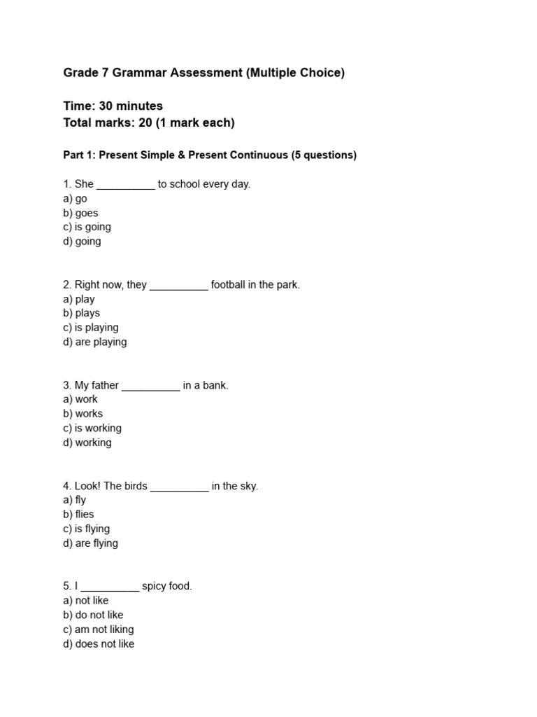 Grade 7 Grammar Assessment Quiz | PDF