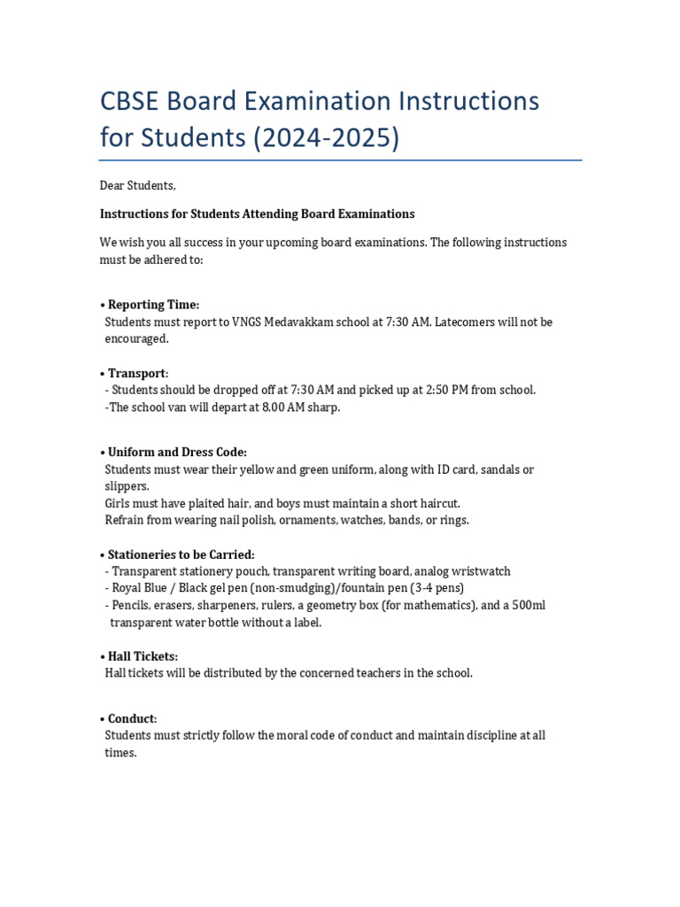 CBSE Exam Instructions for Students 2024 | PDF