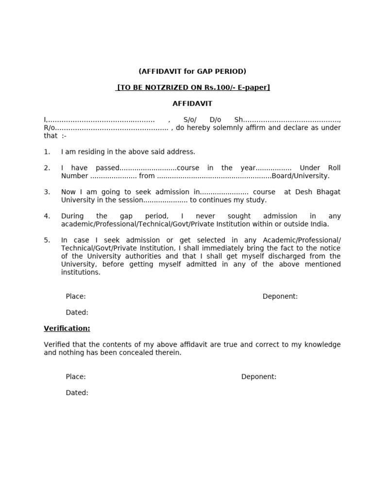 Gap Affidavit Format for College Admission | PDF