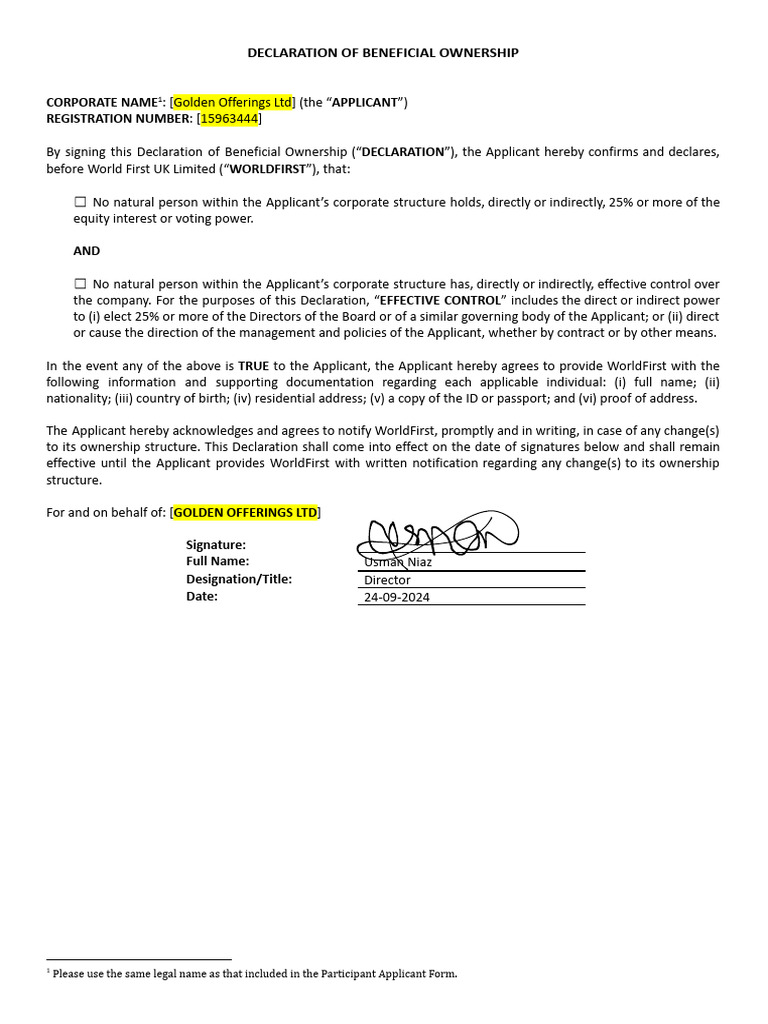 WF Declaration of Beneficial Ownership 2 | PDF
