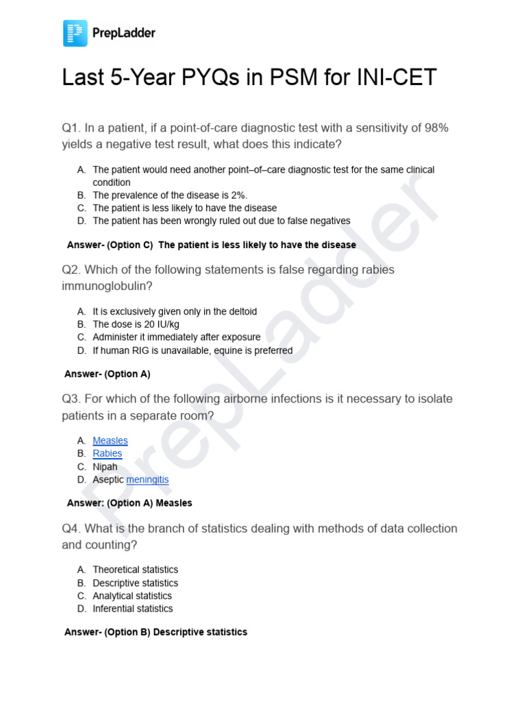 Last 5 Year Pyq in PSM For Ini Cet | PDF | Statistics | Clinical Medicine