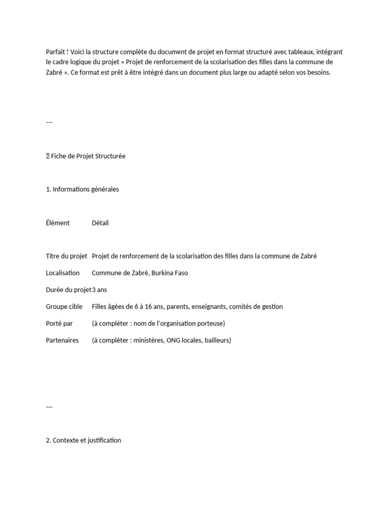 Projet Scolarisation Filles Zabré | PDF | Écoles