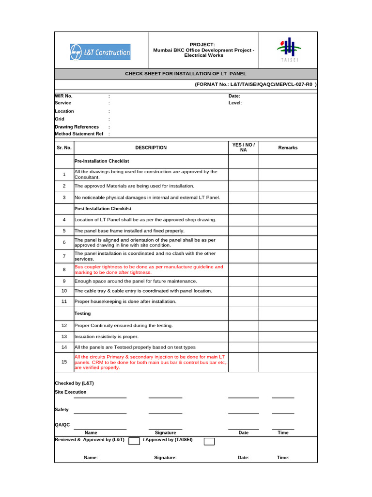 LT Panel Installation and Inspection Checklist | PDF | Electrical ...
