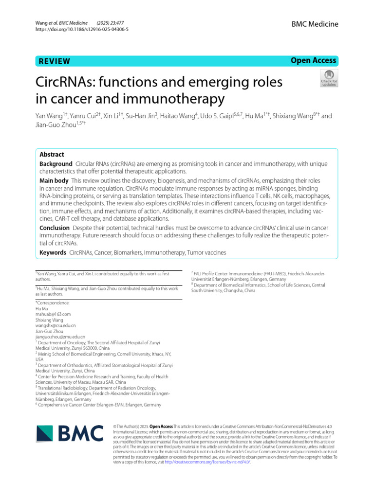 Circrnas: Functions and Emerging Roles in Cancer and Immunotherapy ...