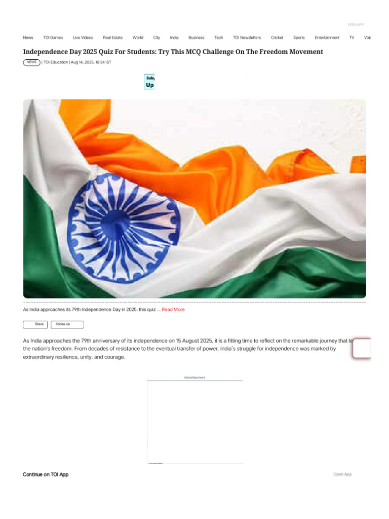 Independence Day 2025 Quiz for Students | PDF