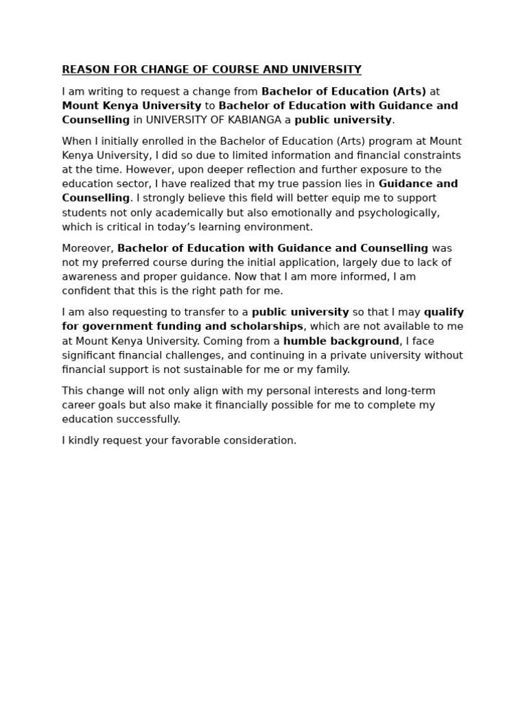 Reason For Change of Course and University | PDF