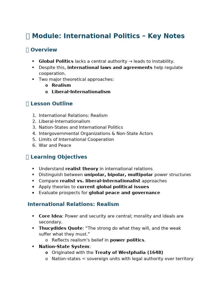 International Politics: Key Theories & Notes | PDF