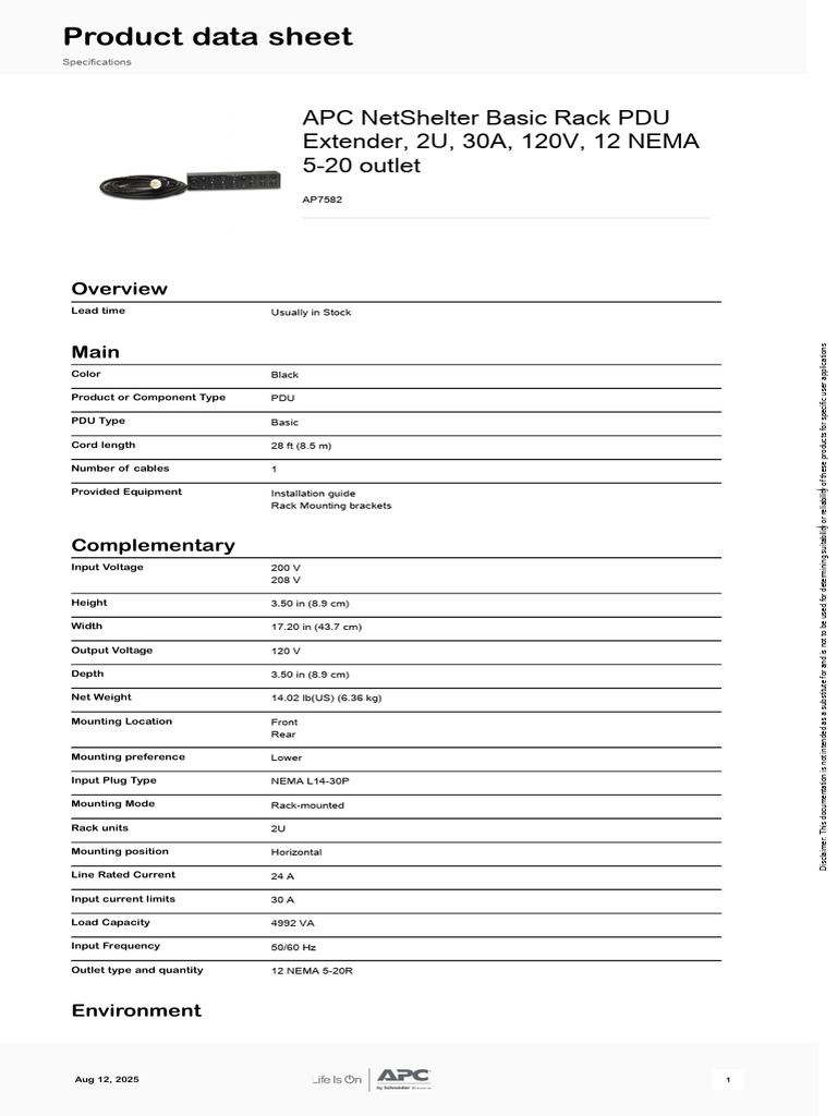 APC - APC NetShelter Basic Rack PDUs - AP7582 | PDF | Electricity ...