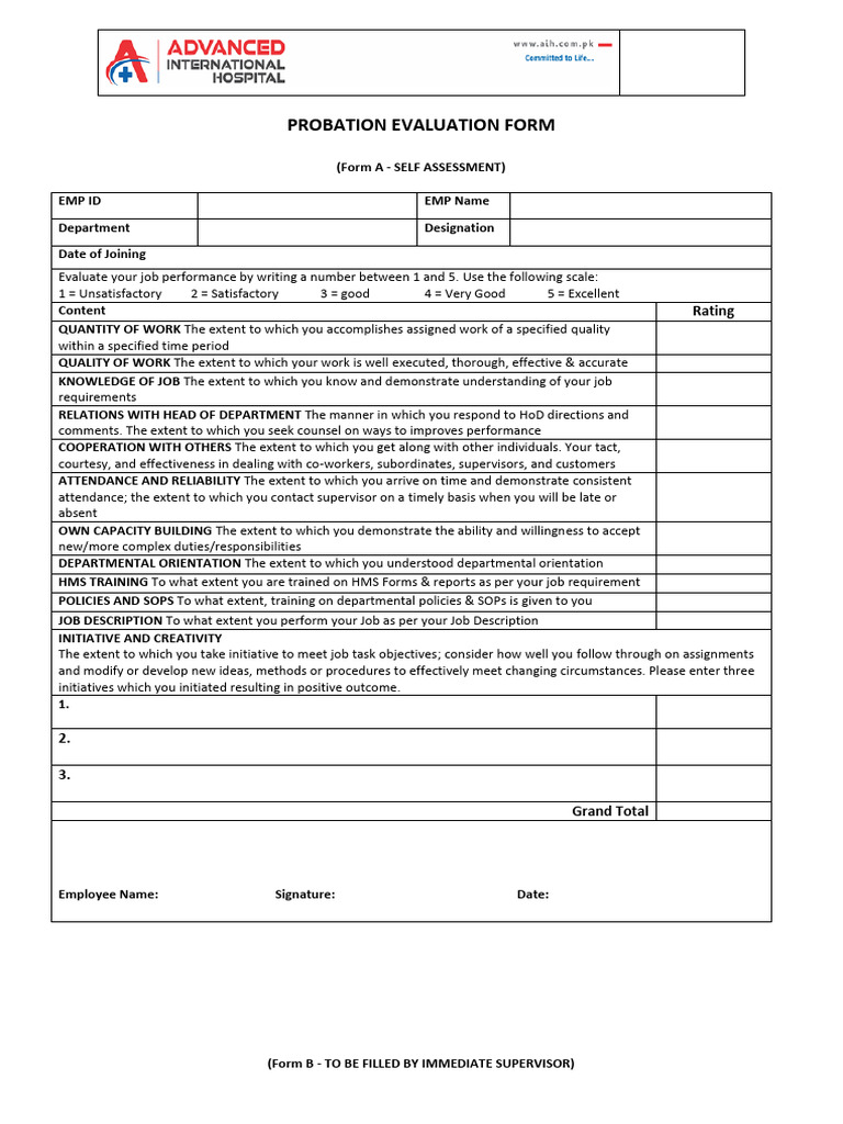 Probation Evaluation Form Template | PDF | Psychology | Organizational ...