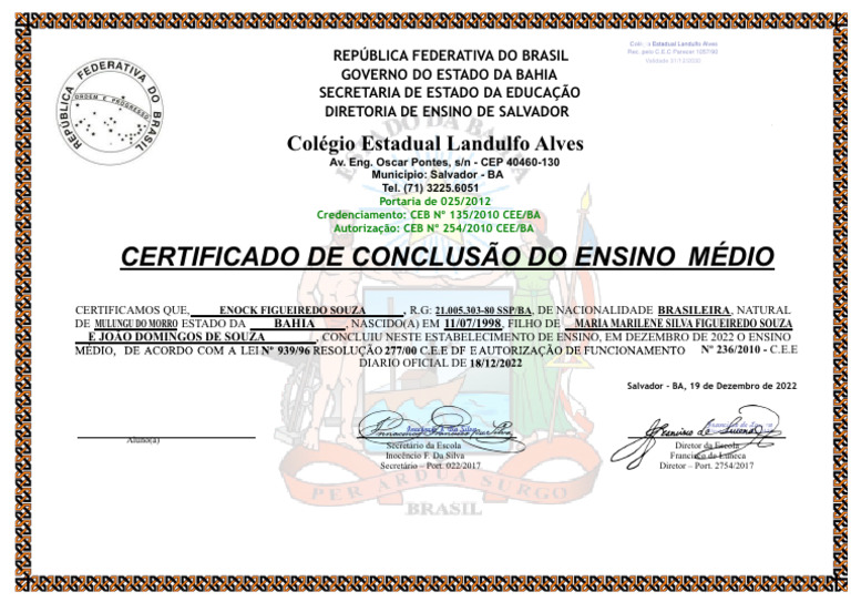 Certificado de Conclusão do Ensino Médio | PDF | Brasil