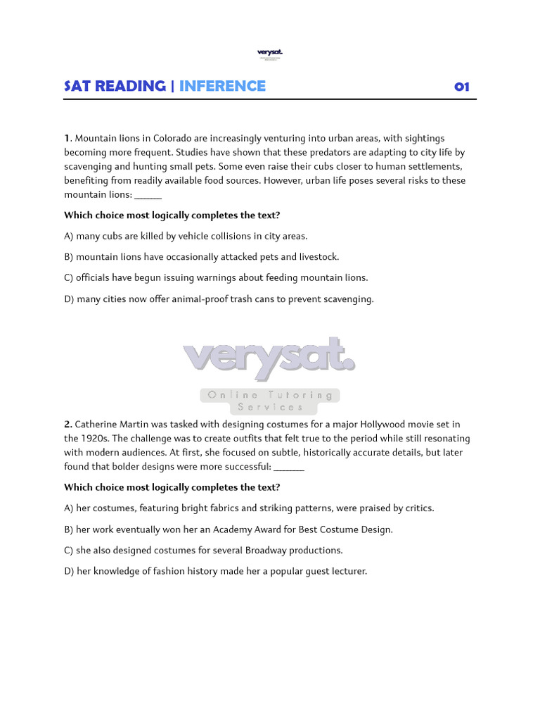 SAT Reading Inference Practice Questions | PDF | Predation | Nikola Tesla