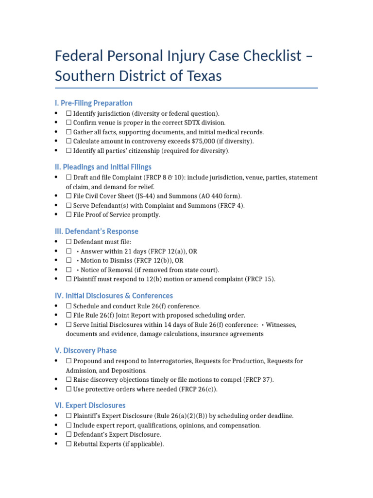 Federal PI Checklist SDTX | PDF | Federal Rules Of Civil Procedure ...