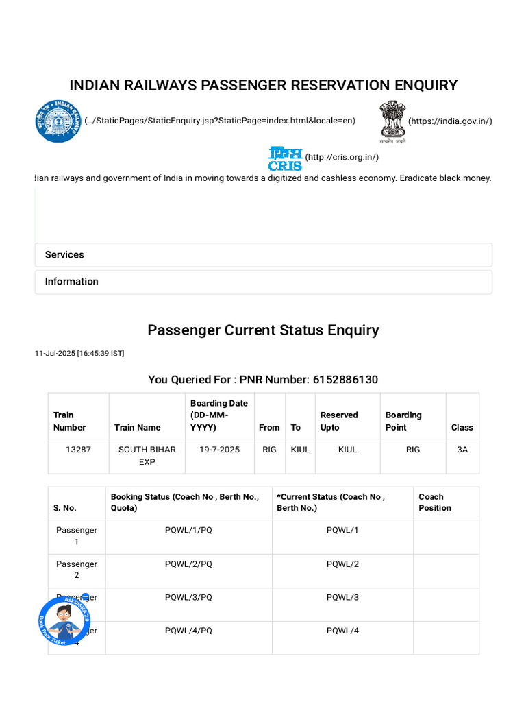 Indian Railways PNR Status Inquiry | PDF | Public Transport | Rail ...