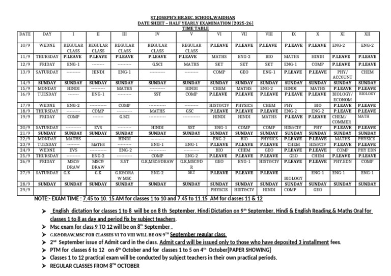 Class 11 Half Yearly Exam Timetable 2025-26 | PDF