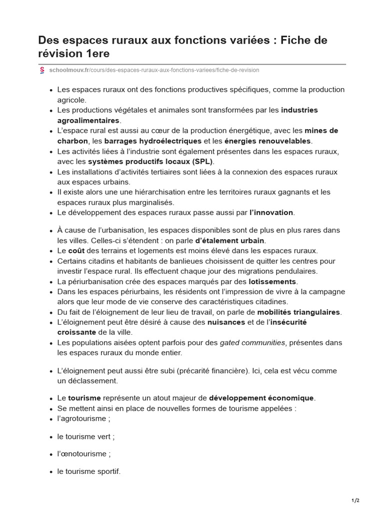 Fonctions des espaces ruraux en 1ère | PDF | Tourisme | Économie