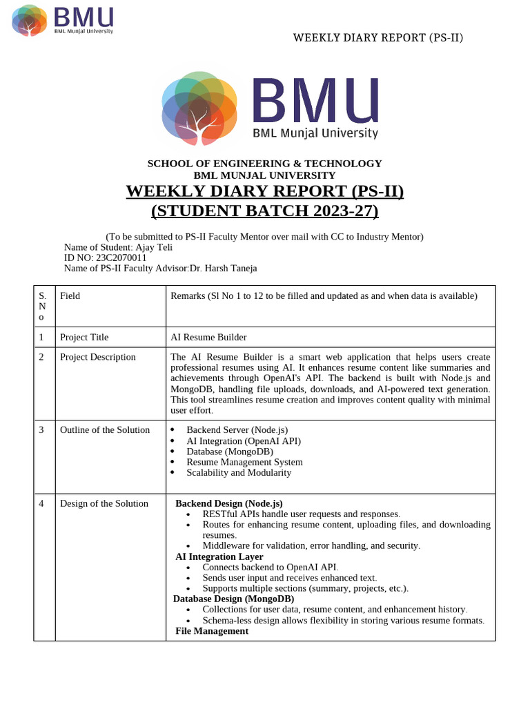 Weekly Diary Report: AI Resume Builder | PDF | Java Script | Résumé