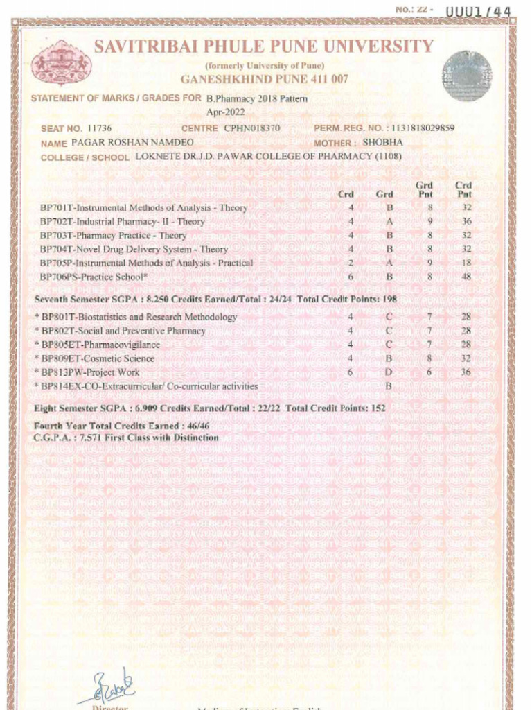 Final Year B.pharmacy Marksheet | PDF
