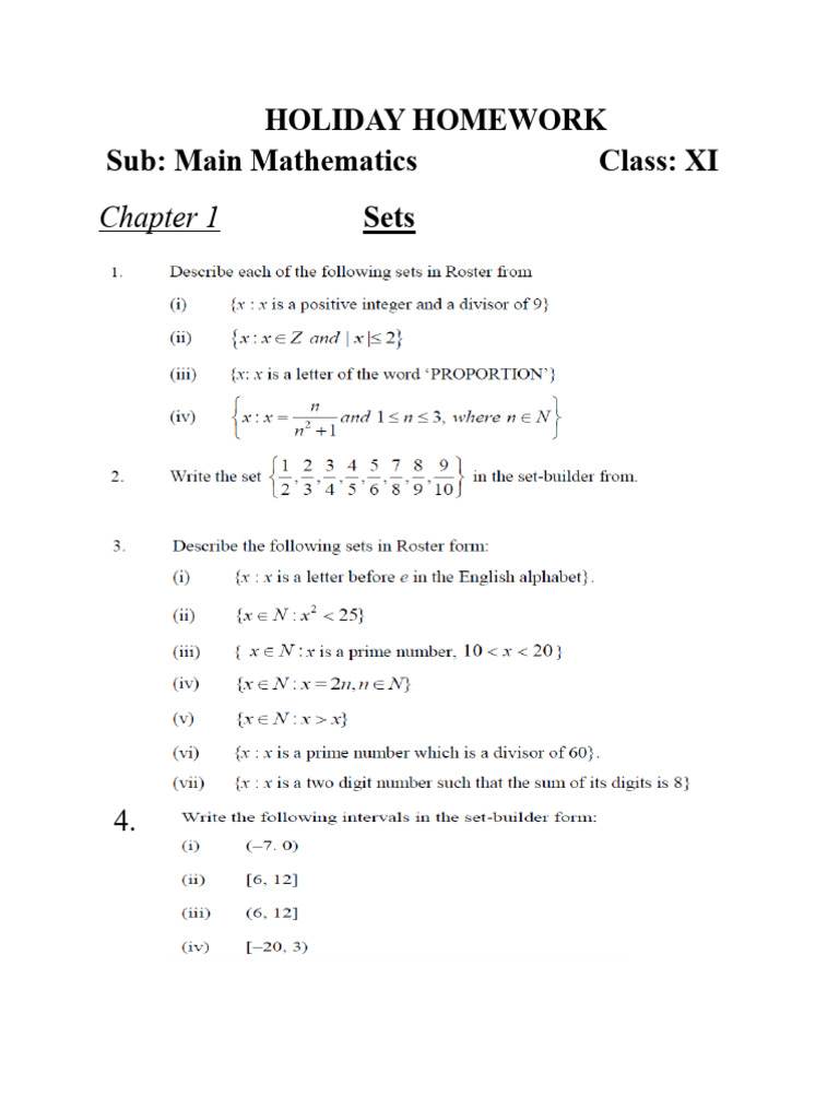 Class XI Mathematics Holiday Homework | PDF