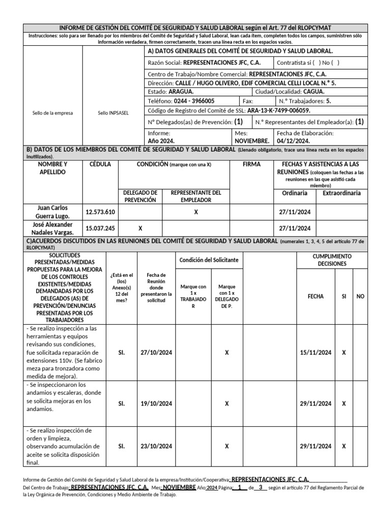 Informe de Seguridad Laboral Nov 2024 | PDF | Seguridad y salud ocupacional