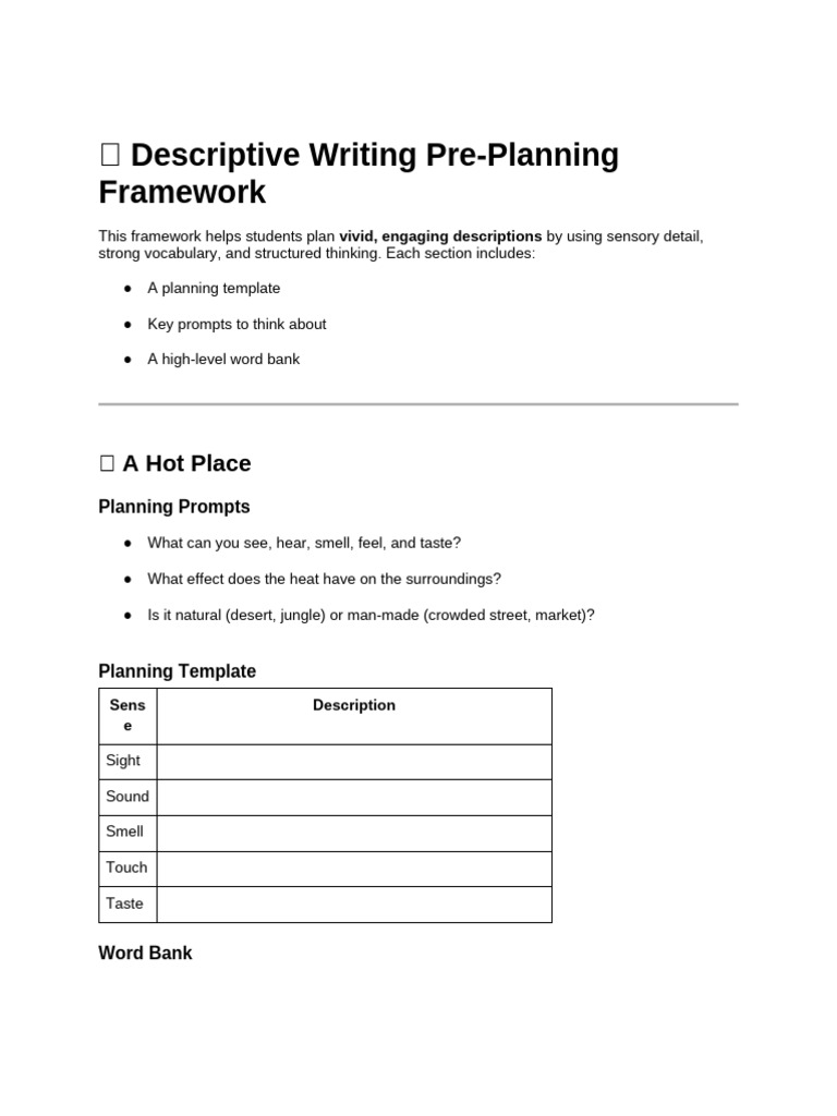 Descriptive Writing Pre Planning Framework WHXH | PDF | Adjective ...