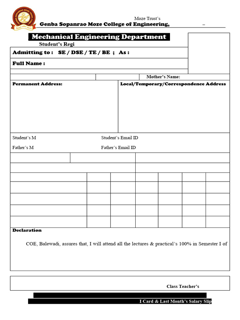 Student Registration Form for Engineering | PDF