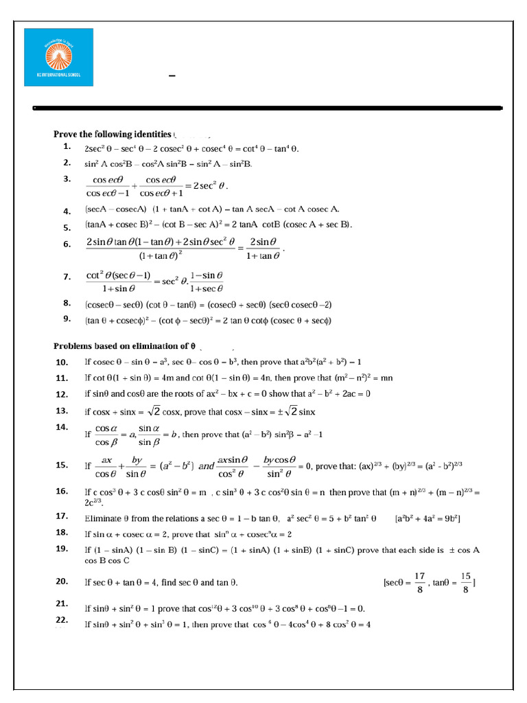 Trigonometric Functions - Workseet 2 | PDF